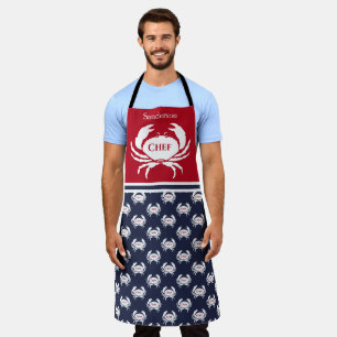 Chef Monogrammed Red White Navy Blue Crab Nautical Apron