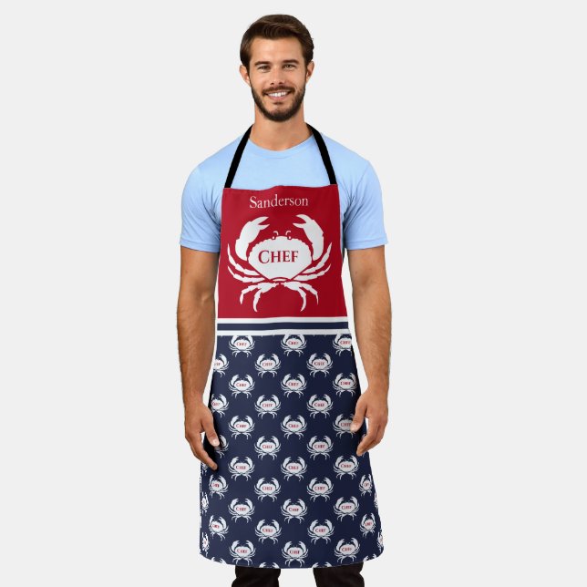 Chef Monogrammed Red White Navy Blue Crab Nautical Apron (Worn)