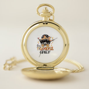 Chef One Thankful Messy Bun Women Thanksgiving Fal Pocket Watch