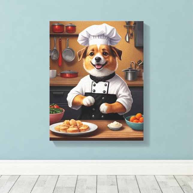 Chef Puppy Making Food Funny Dog Kitchen  Canvas Print (Insitu(Wood Floor))