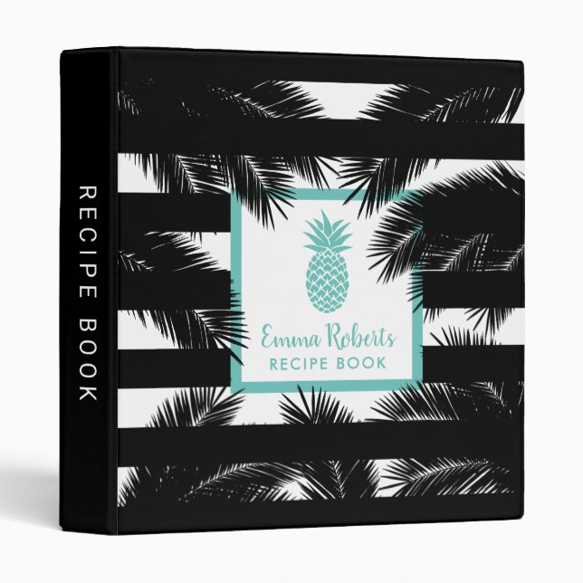 Chef Recipe Teal Pineapple Modern Stripes Cooking 3 Ring Binder (Front/Spine)