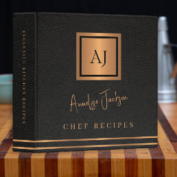 Chef recipes monogrammed black gold  3 ring binder