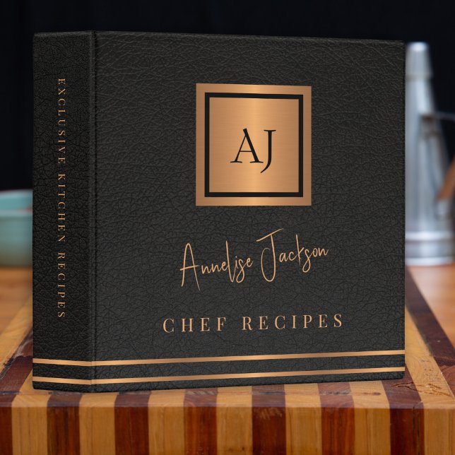 Chef recipes monogrammed black gold  3 ring binder (Creator Uploaded)