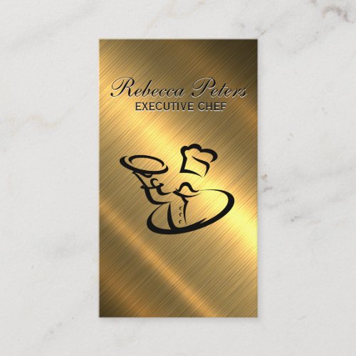 Chef Serving Food Logo  Gold Metallic Business Card