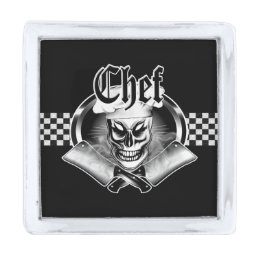 Chef Skull 4: Crossed Smoking Cleavers Silver Finish Lapel Pin