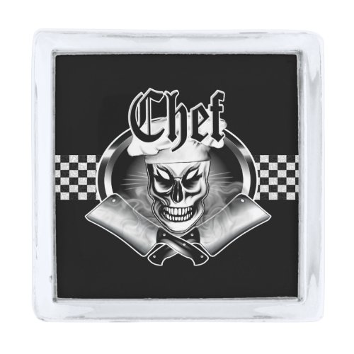 Chef Skull 4 Crossed Smoking Cleavers Silver Finish Lapel Pin