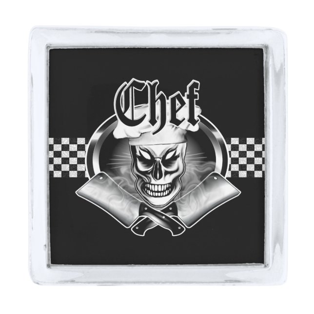 Chef Skull 4: Crossed Smoking Cleavers Silver Finish Lapel Pin (Front)