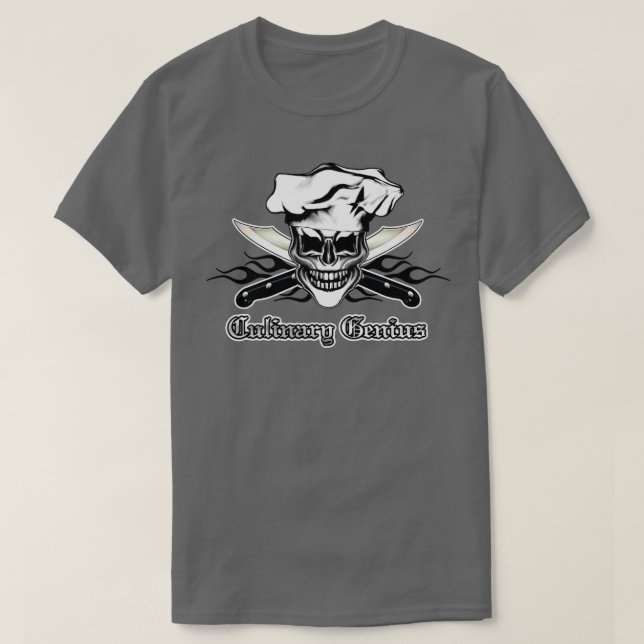 Chef Skull 6 Culinary Genius 3 black flames  T-Shirt (Design Front)