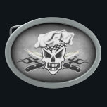 Chef Skull and Flaming Chef Knives 2 Oval Belt Buckle<br><div class="desc">Show off your Chef Pride this cool customizable chef skull buckle, featuring a sinister chef skull wearing his chef hat, with two sharp crossed chef carving knives, in front of a bold black flame. The background is removable, and may be changed to a color of your choice. This product is...</div>