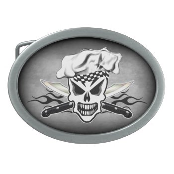 Chef Skull And Flaming Chef Knives 2 Oval Belt Buckle by thechefshoppe at Zazzle