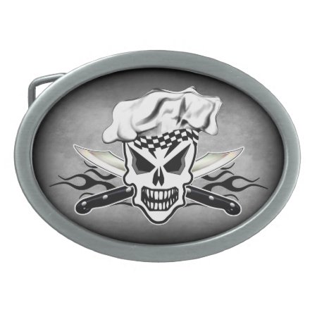 Chef Skull And Flaming Chef Knives 2 Oval Belt Buckle