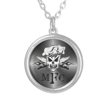 Chef Skull And Flaming Chef Knives 2 Silver Plated Necklace by thechefshoppe at Zazzle