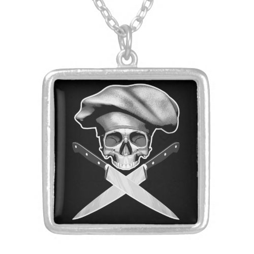 Chef Skull n Knives Silver Plated Necklace