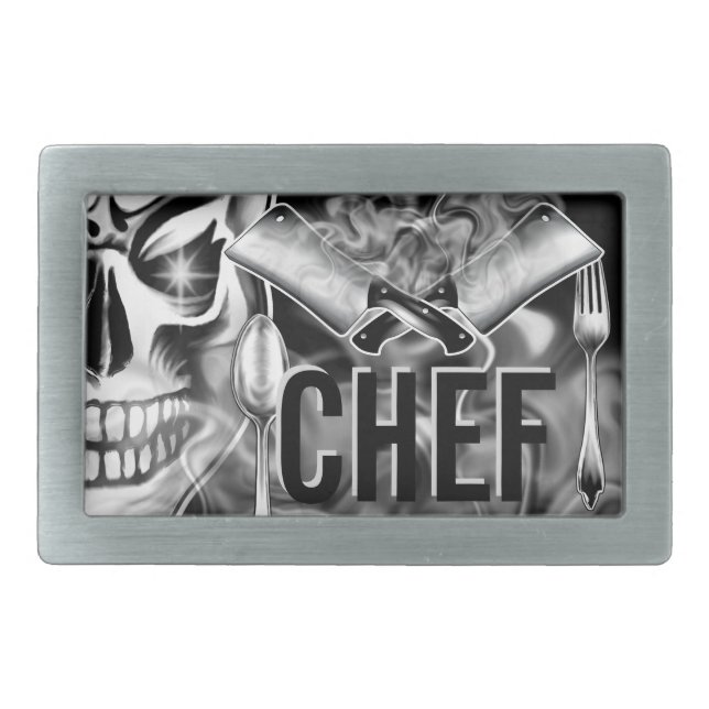 Chef Skull: Smoking Cleavers Rectangular Belt Buckle (Front)