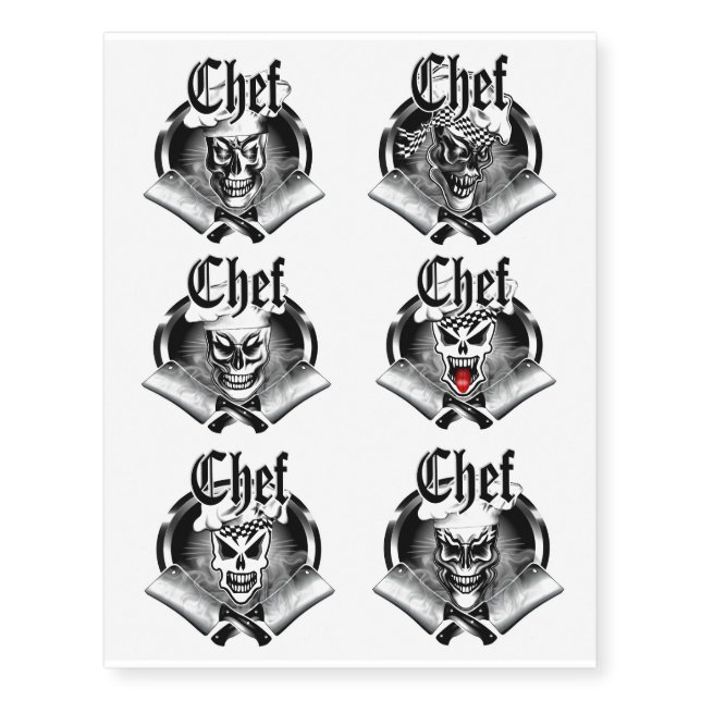 Chef Skull Tattoo: Smoking Cleavers Temporary Tattoos (Front)