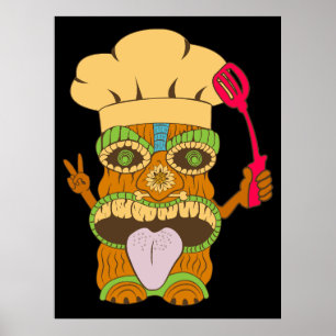 Chef Tiki Statue with Spatula, Funny Black Poster