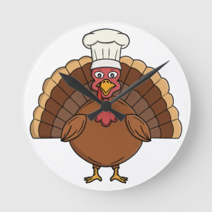 Chef Turkey Cartoon Thanksgiving Round Clock