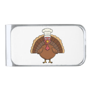 Chef Turkey Cartoon Thanksgiving Silver Finish Money Clip