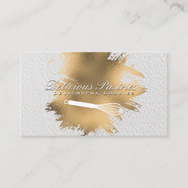 Chef Whisk | Gold Foil Spatter | White Texture Business Card (Front)