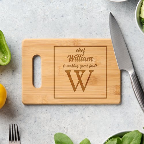 Chef William makes great food Script Rustic Wooden Cutting Board