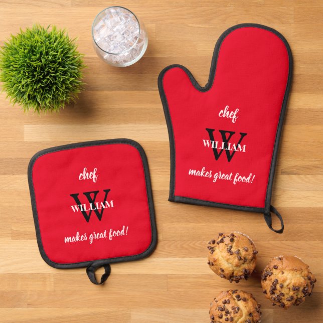 Chef William's Monogram + Name Modern Script Red   Oven Mitt & Pot Holder Set (Top Down)