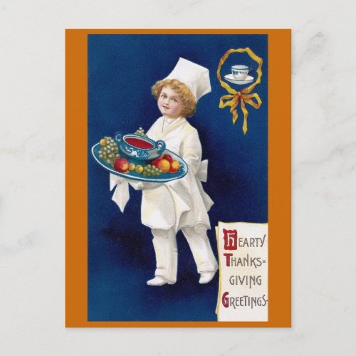 Chef with Tureen of Soup and Fruit Thanksgiving Holiday Postcard