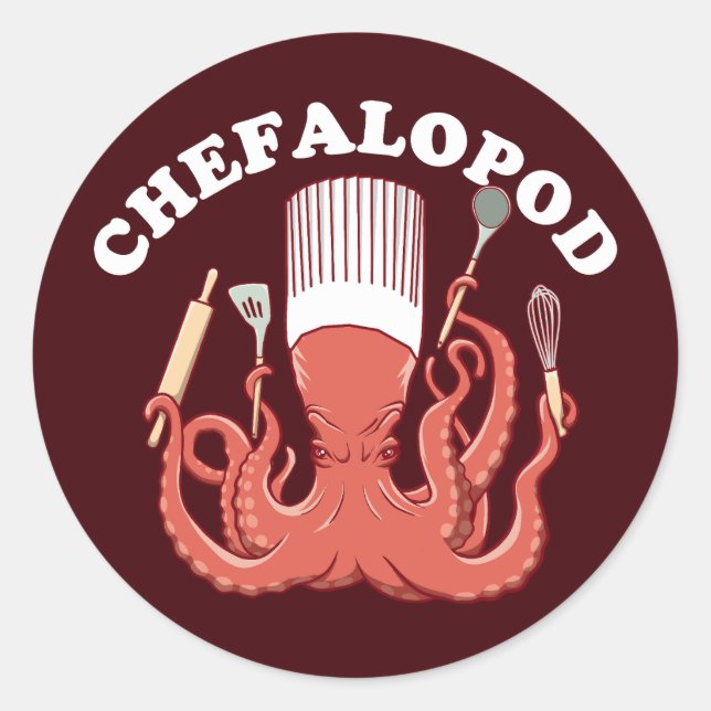 Chefalopod | Octopus Chef Funny Pun Classic Round Sticker (Front)