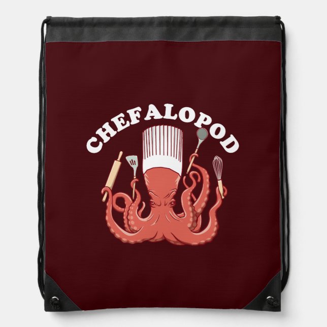 Chefalopod | Octopus Chef Funny Pun Drawstring Bag (Front)