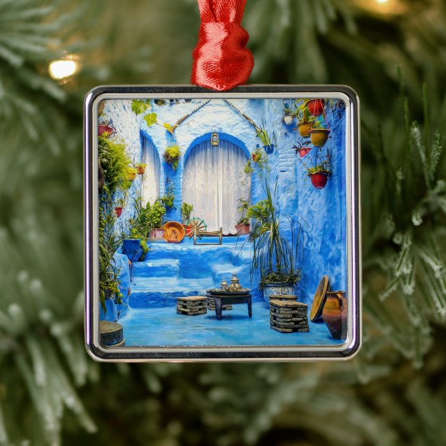 Chefchaouen Blue City Morocco Oil Painting Boho Metal Ornament (Tree)