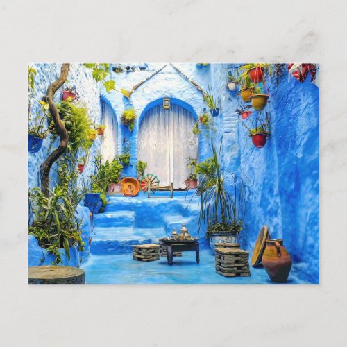 Chefchaouen Blue City Morocco Oil Painting Boho Postcard
