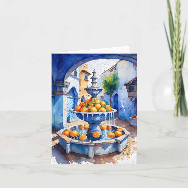 Chefchaouen Morocco Orange Fountain Watercolor Card (Front)