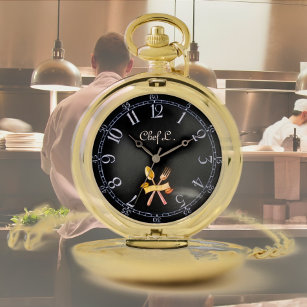 Chef's golden  spoon&fork -  add name pocket watch
