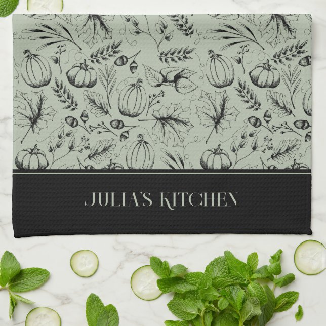 Chef's Kitchen Sage Green Modern Fall Illustration Towel (Folded)