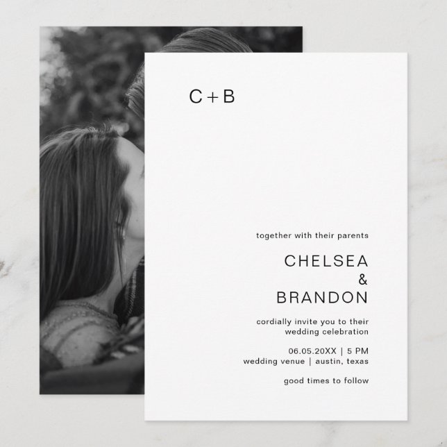 Chelsea Black and White Modern Wedding Invitation (Front/Back)