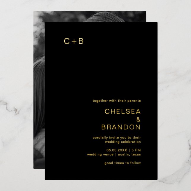 Chelsea Black Photo Modern Wedding Foil Invitation (Front/Back)