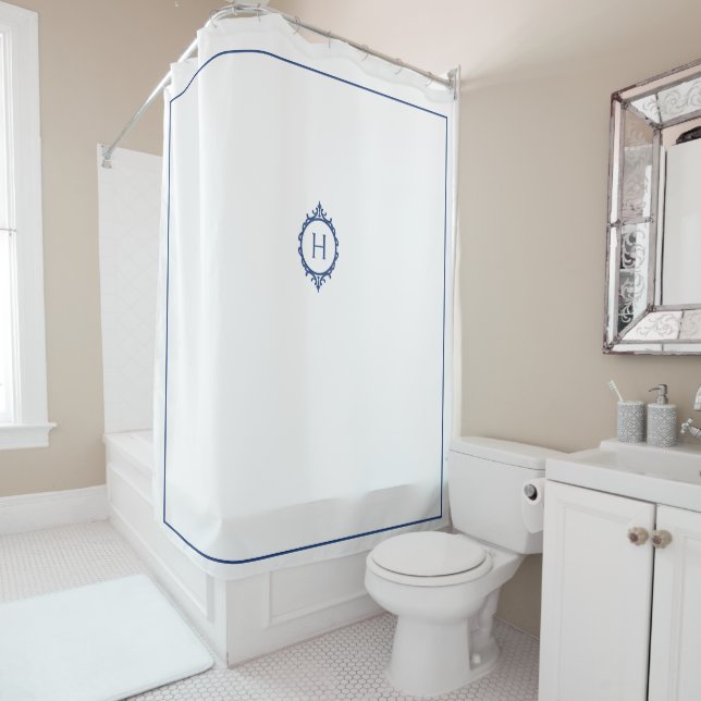 Chelsea Blue and White Monogrammed Shower Curtain (In Situ)