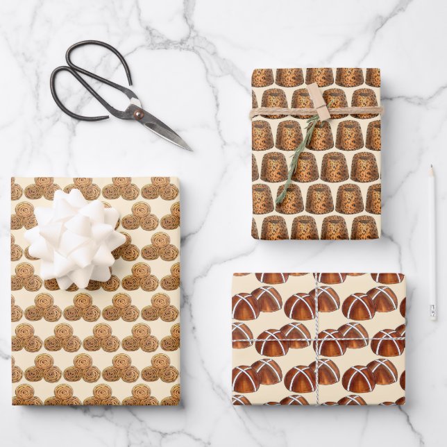 Chelsea Hot Cross Buns Spotted Dick British Bakes Wrapping Paper Sheets (Front)