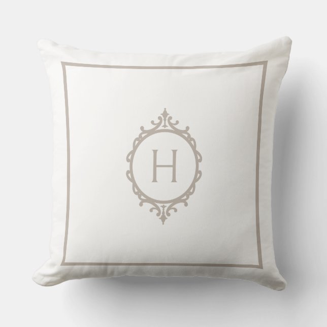 Chelsea Light Taupe and White Monogrammed Throw Pillow (Front)