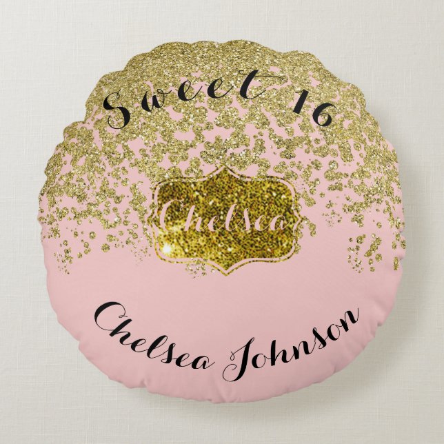 Chelsea's Sweet Sixteen Rose and Glitter Round Pillow (Front)