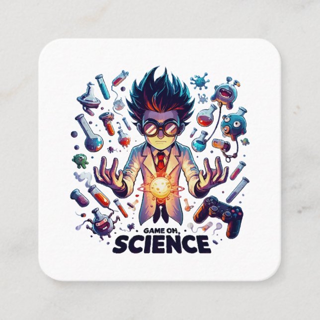Chemical Concoction Game On, Science Theme Square Business Card (Front)