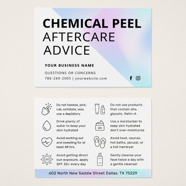 Chemical Peel Aftercare Instruction Card (Front & Back)