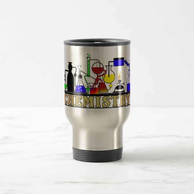 CHEMISTRY BEAKERS AND FLASKS LOGO TRAVEL MUG (Center)