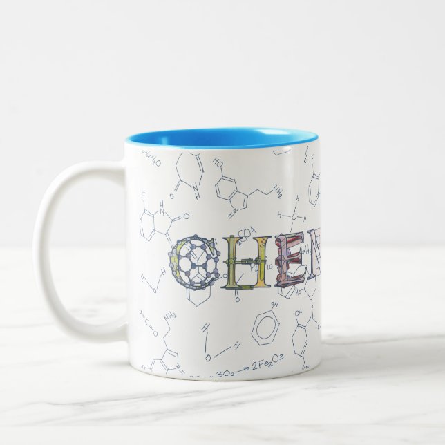 Chemistry diagrams and typography design Two-Tone coffee mug (Left)