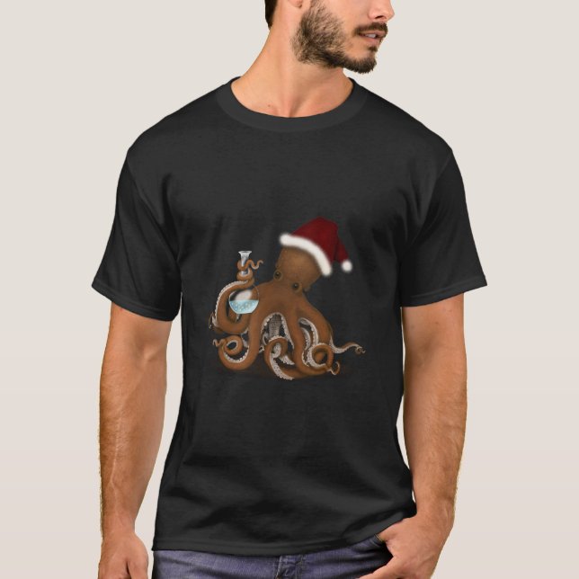 Chemistry Octopus in Santa Hat Steampunk Christmas T-Shirt (Front)