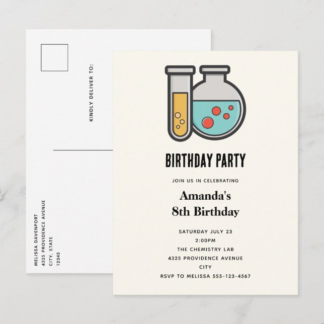 Chemistry Test Tube and Beaker Birthday Invitation Postcard (Front/Back)
