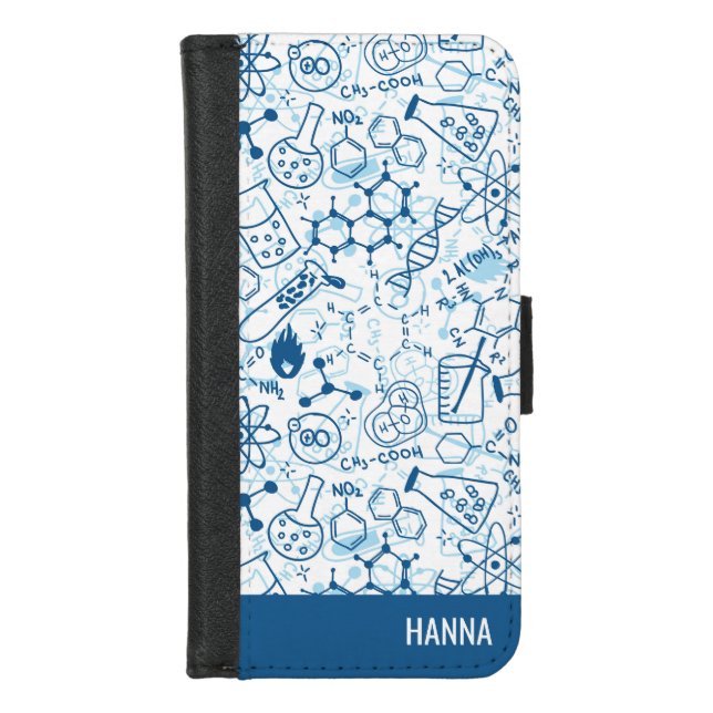 Chemistry Themed Doodle Pattern Personalized Name iPhone Wallet Case (Front)