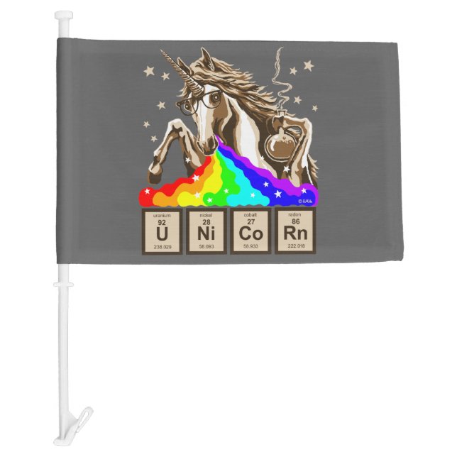 Chemistry unicorn vomits rainbow car flag (Front)