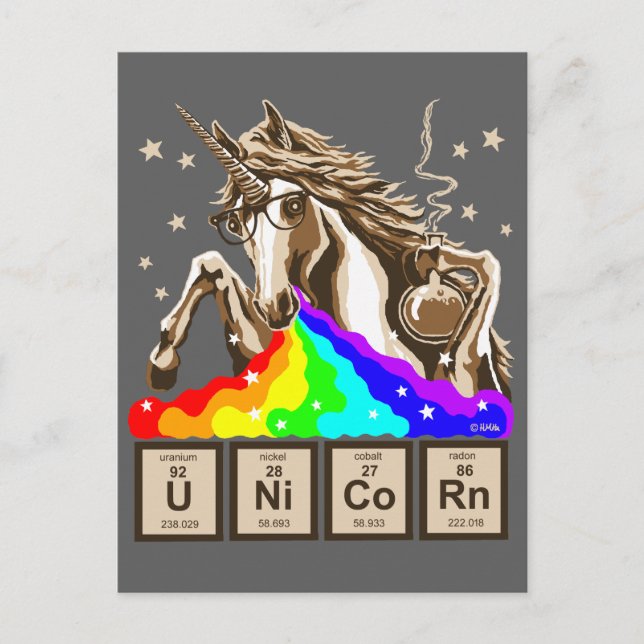 Chemistry unicorn vomits rainbow postcard (Front)
