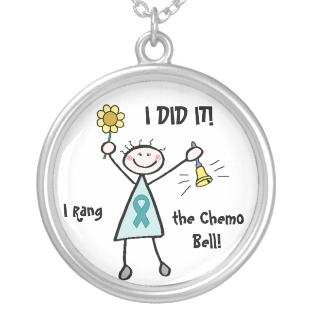 Chemo Bell - Ovarian Cancer Teal Ribbon Silver Plated Necklace (Front)