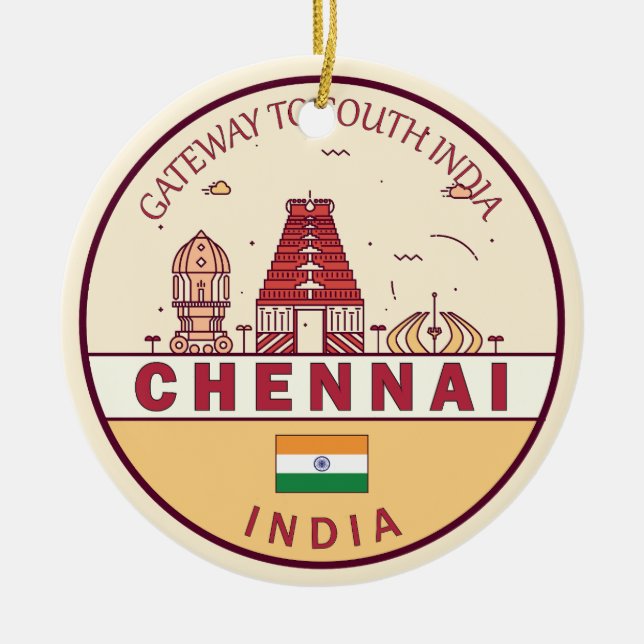 Chennai India City Skyline Emblem Ceramic Ornament (Front)